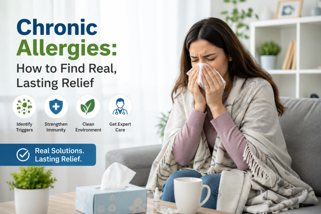 Woman sitting on a sofa at home, sneezing into a tissue while wrapped in a blanket, illustrating the discomfort and emotional burden of chronic allergies.