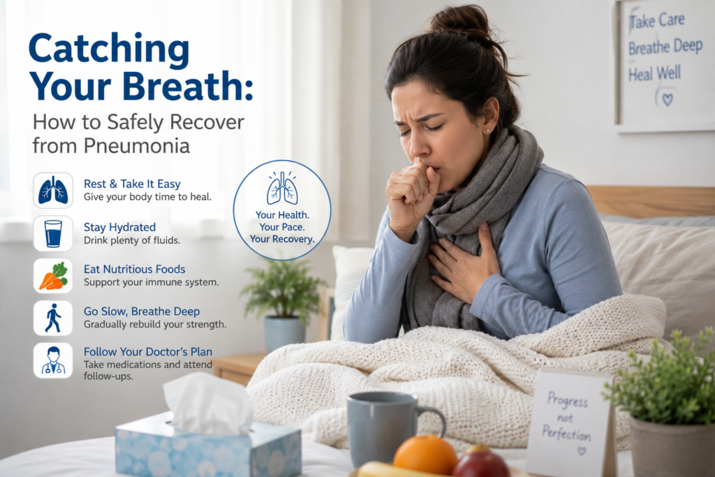 A woman recovering from pneumonia sits on a bed wrapped in a blanket, coughing into her hand while resting at home with tissues and a warm drink nearby.