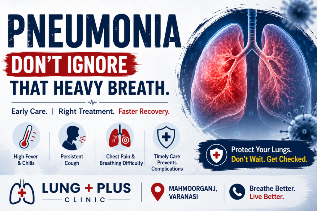 Pneumonia awareness thumbnail showing infected lungs, symptoms including fever, cough and breathing difficulty, promoting early diagnosis and treatment at Lung Plus Clinic Varanasi.
