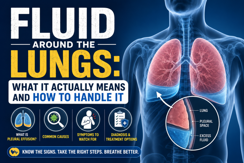Illustration showing fluid around the lungs (pleural effusion) with a labeled cross-section of the chest, highlighting excess fluid in the pleural space alongside educational icons about causes, symptoms, diagnosis, and treatment.