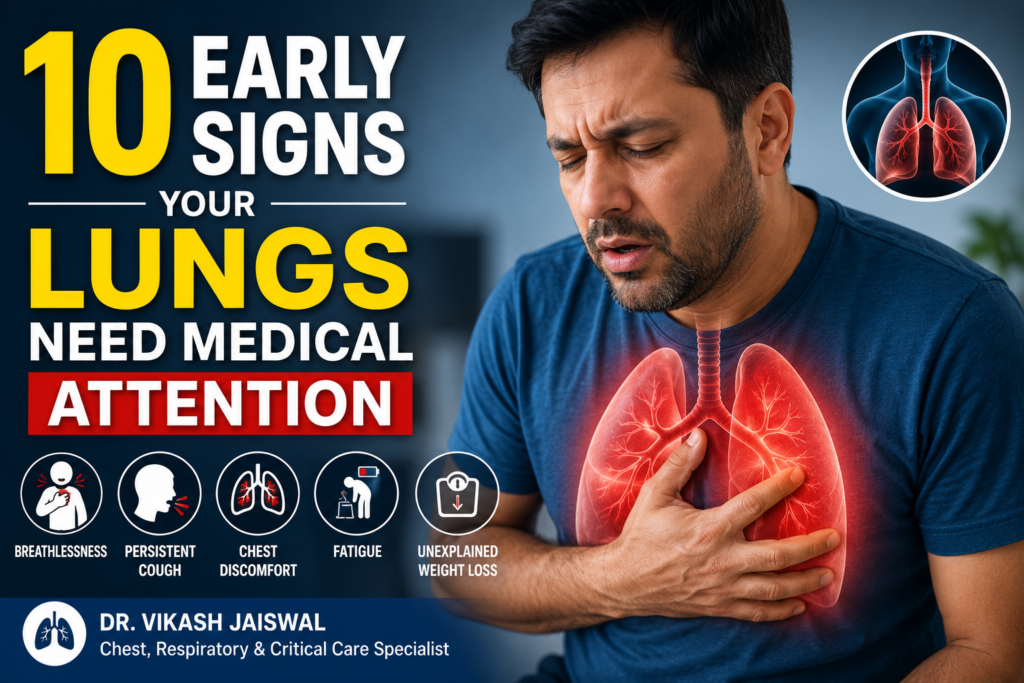 A worried man experiencing chest discomfort and breathing difficulty, illustrating the early warning signs of lung disease and the need for timely medical attention.